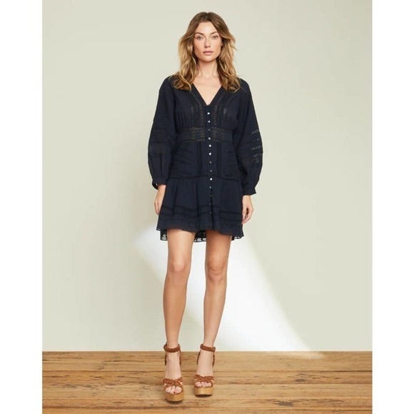 Veronica Beard Navy V Neck Addilyn Eyelet Dress Size 14 NWT
